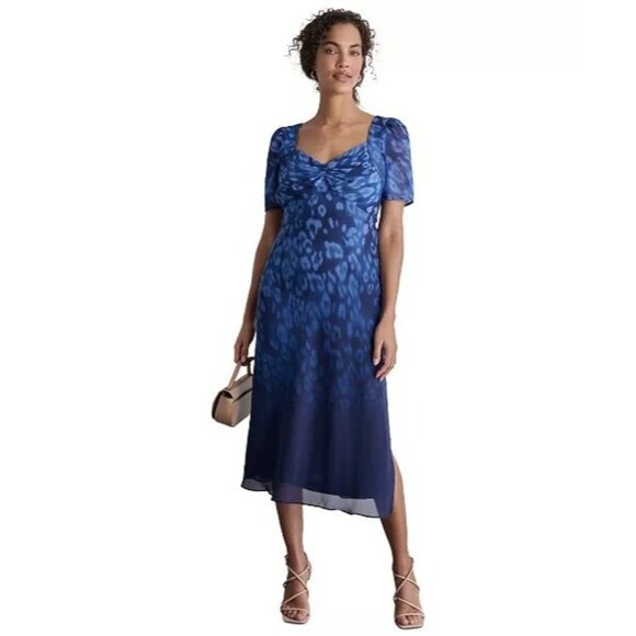 134$ DKNY Sweetheart-Neck A Line Midi Dress Short-Sleeves Women's Size 12 Blue - Picture 1 of 5
